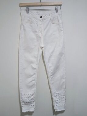 Sandro | White Studded Fringe Hem Skinny Jeans